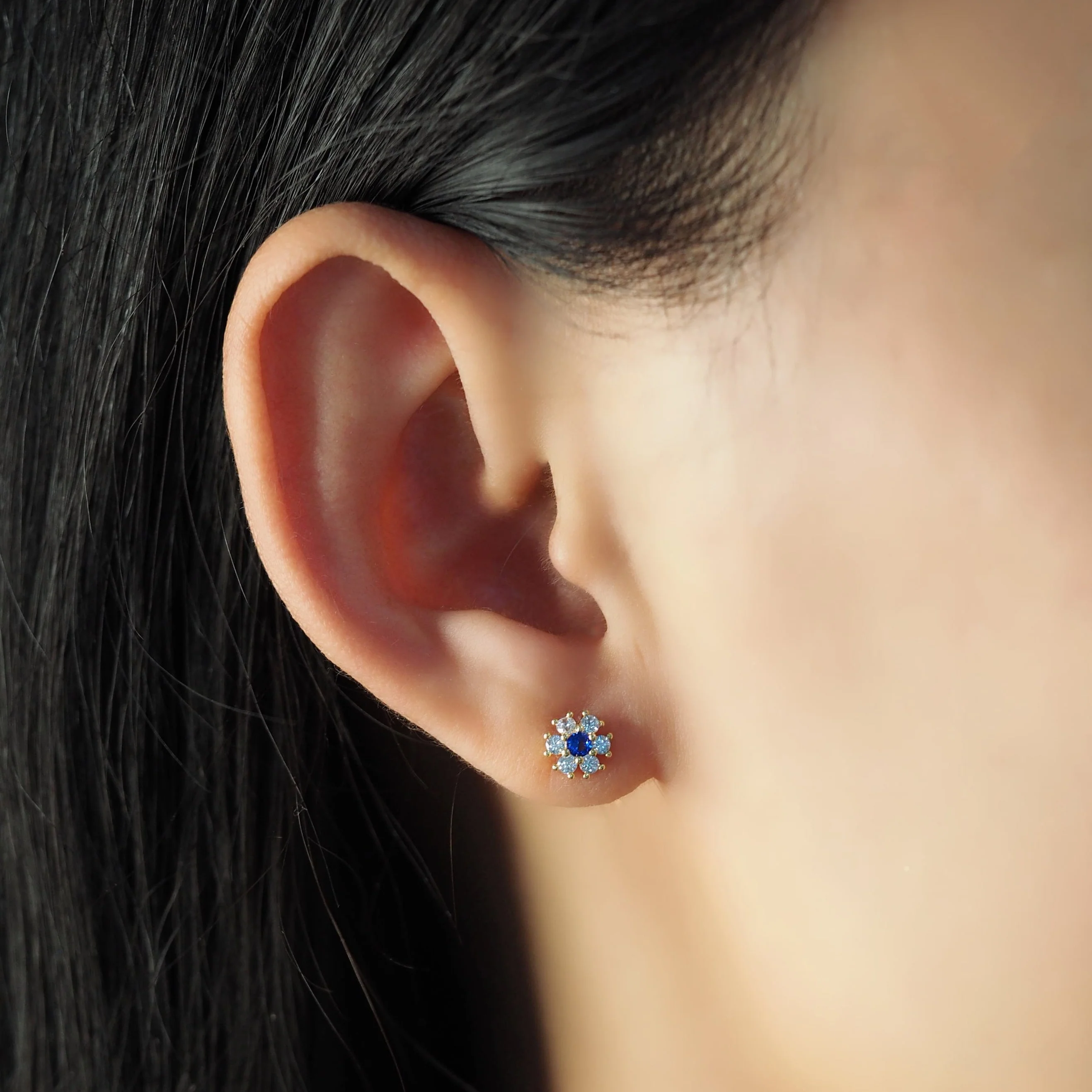 CZ Flower Stud Earrings with Jewel Center - Image 4
