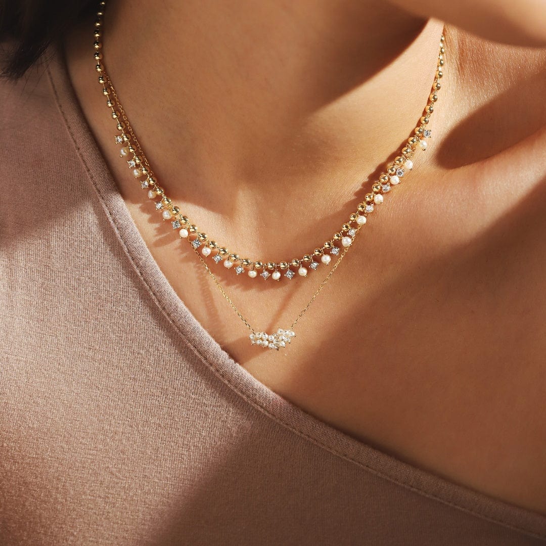 Gold Ball Necklace with Alternating CZ and Pearl Stones - Image 2