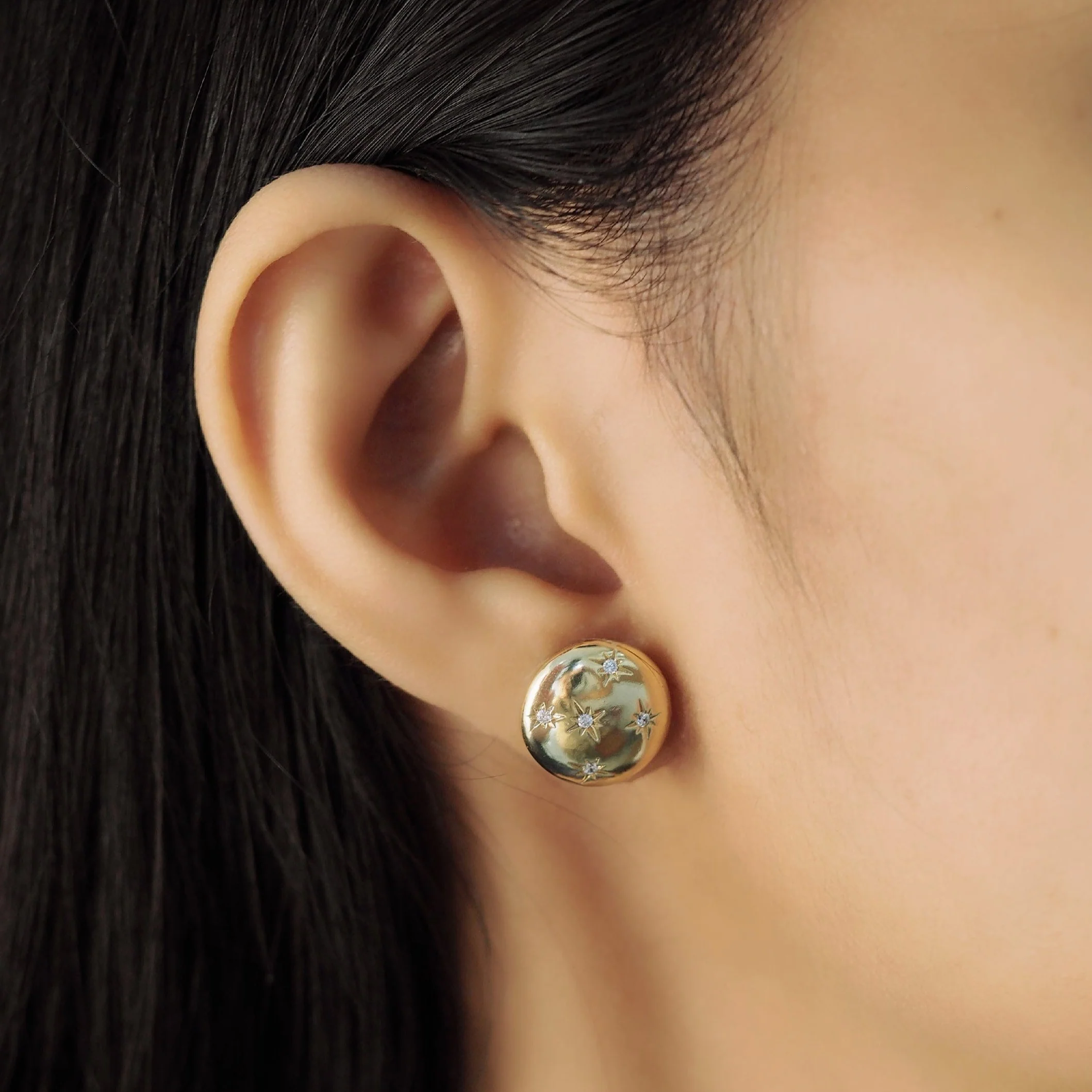 Gold Button Earring Studs with CZ Star Accents - Image 2