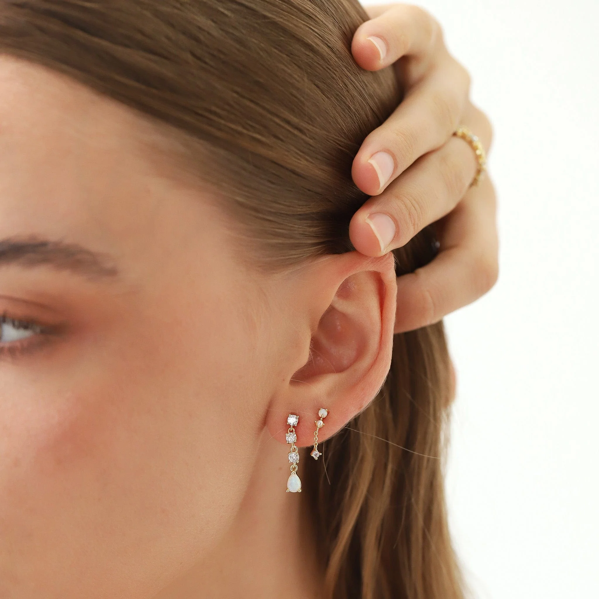 Opal Studs with CZ Chain Dangle - Image 2