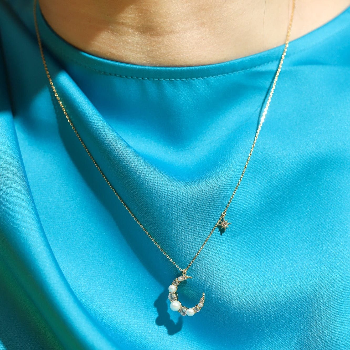 Pearl and CZ Crescent Moon Pendant - Image 3